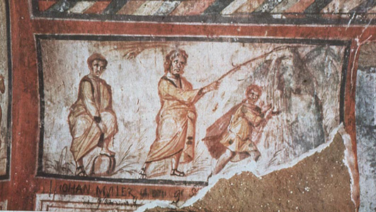 Water From The Rock _wall painting of Moses in a Roman Catacomb dating to the 4th century AD.