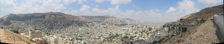 On L, Mt.Gerizim (Blessing) and on R, Mt.Ebal (Curse) - Nablus Panorama in Israel.