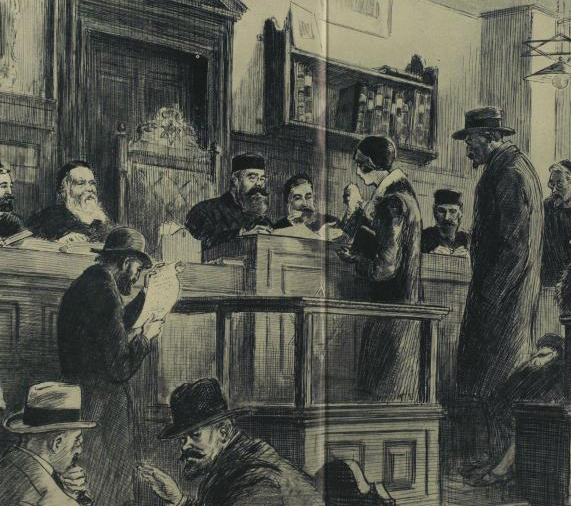 An Image of a London Beth-Din with Rabbi J.H. Hertz(center) _ London's Beth-Din as it functioned in the year of 1926. This artwork is titled "The World's Oldest Tribunal" dating From Moses(mirroring the Ancient Hebraic court System). The Beth-Din or Court of the Chief Rabbi.