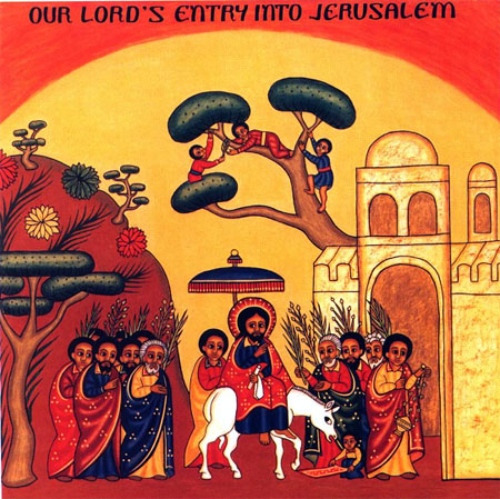 Ethiopian painting of Hosanna. Christ rides into Jerusalem with palms being carried by the people.  He was welcomed liked royalty into Holy City of David.
